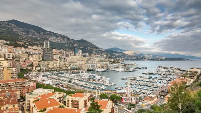 Panoramic view of Monte Carlo, Monaco. Clouds move across the sky. Time lapse video.