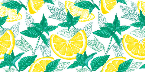 Lemon and mint  seamless pattern. Ink sketch lemons, ginger, mint. Citrus fruit background. Elements for menu, greeting cards, wrapping paper, cosmetics packaging, posters etc