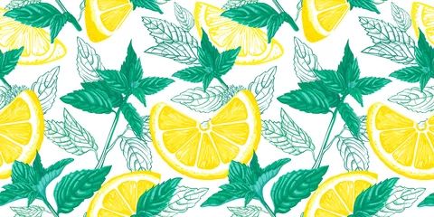 Door stickers Lemons Lemon and mint  seamless pattern. Ink sketch lemons, ginger, mint. Citrus fruit background. Elements for menu, greeting cards, wrapping paper, cosmetics packaging, posters etc