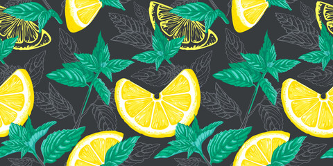 Lemon and mint  seamless pattern. Ink sketch lemons, ginger, mint. Citrus fruit background. Elements for menu, greeting cards, wrapping paper, cosmetics packaging, posters etc