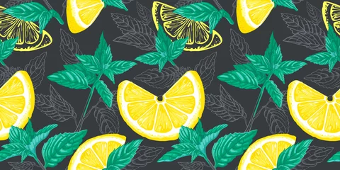 Wall murals Lemons Lemon and mint  seamless pattern. Ink sketch lemons, ginger, mint. Citrus fruit background. Elements for menu, greeting cards, wrapping paper, cosmetics packaging, posters etc
