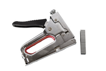 metal construction stapler with brackets isolated on white background