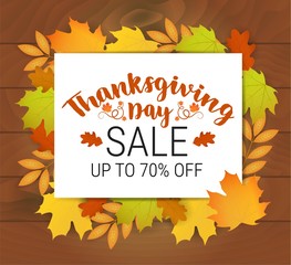 Thanksgiving day sale. Autumn holiday sale banner. Vector illustration with fall and offer sale