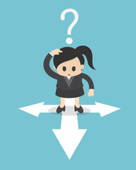 Concept Business Woman  standing at crossroad confused by direction signs