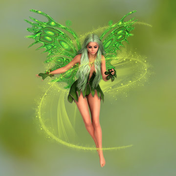 Fairy surrounded with magical dust on green blurred background. 3D rendering.