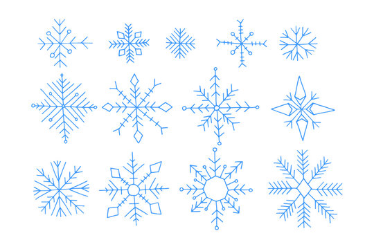 Set of winter snowflakes, doodle cartoon vector illustration