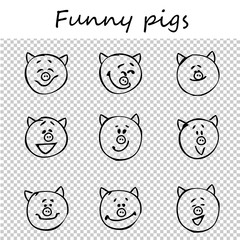Funny pigs. Doodle animal faces with positive emotions, black outlines, transparent background. Emoticons. Emotional icons. Vector illustration.