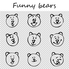 Funny bears. Doodle animal faces with positive emotions, black outlines, transparent background. Emoticons. Emotional icons. Vector illustration.