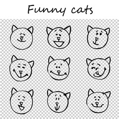 Funny cats, kittens. Doodle animal faces with positive emotions, black outlines, transparent background. Emoticons. Emotional icons. Vector illustration.