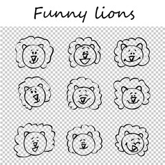 Funny lions. Doodle animal faces with positive emotions, black outlines, transparent background. Emoticons. Emotional icons. Vector illustration.