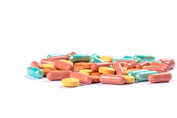 Many different pills and supplements as food, diet tablets and vitamins isolated