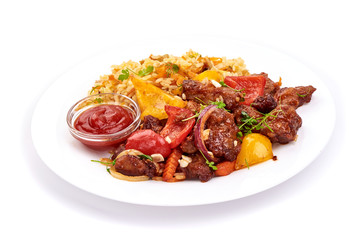 Roast Sweet and Sour Pork with vegetables with rice and sauce, Chinese recipes WOK. Isolated on white background