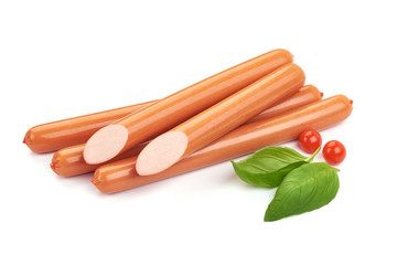 Sliced Milk Sausages with basil leaves and Physalia berry, isolated on a white background.
