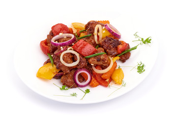 Roast Sweet and Sour Pork with vegetables in a plate, Chinese recipes WOK. Isolated on white background. Top view