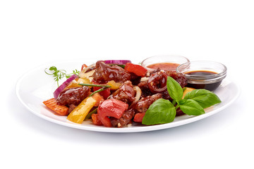 Stir Fried Beef With Mixed Vegetables with sauces, Chinese recipes WOK. Isolated on white background