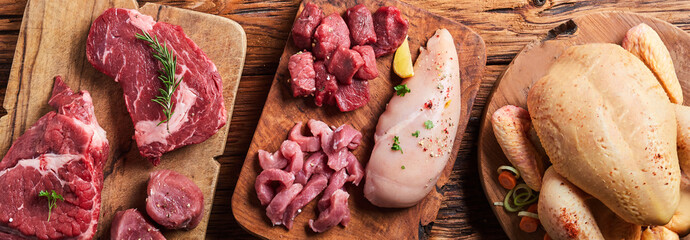 Panorama banner with an assortment of raw meats