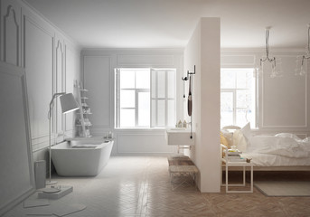 Unfinished project draft of luxury bedroom with bathroom in scandinavian style, minimal architecture interior design