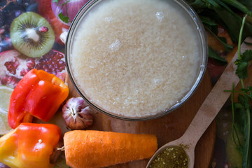 Rice for cooking pilaf meat with rice on fire in the cauldron. Recipe