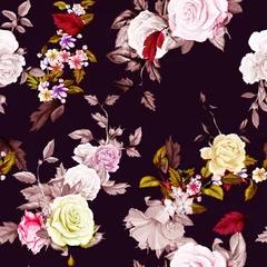 Poster Seamless background pattern. Roses, peony, wild flowers on dark. Watercolor, hand drawn. Vector - stock. © iMacron