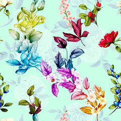 Fototapeta na wymiar Seamless background pattern. Rose, wild roses, pomegranate, lily of the valley and lady bird on flowers. Watercolor, hand drawn.