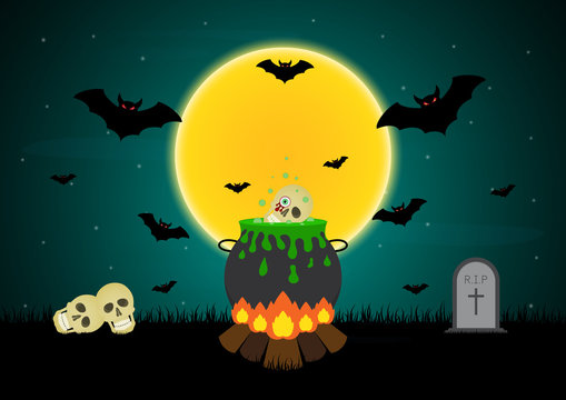 Halloween witch cauldron bat skull gravestone vector