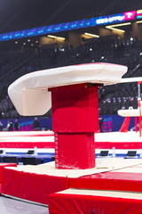 A gymnastic vaulting horse in a gymnastic arena 