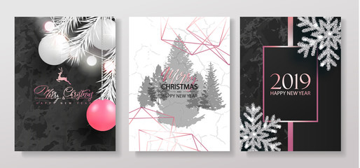 2019 Merry Christmas and Happy New Year Luxury cards collection with marble texture, Christmas balls, garland, shiny snowflakes and pink gradient shapes.Vector trendy background.