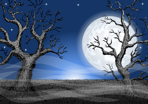 dark ghostly forest and full moon