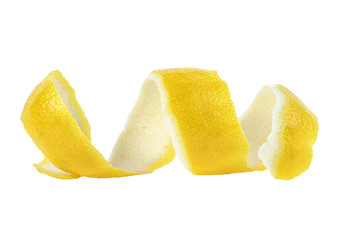 Fototapeta na wymiar Citrus twist peel on a white background. Spiral of lemon skin.