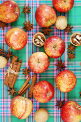 Bright ripe apples forming autumn mood background for design and decoration