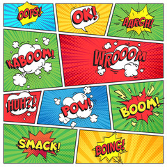 Comics page. Comic book grid frame, funny oops bam smack text speech bubbles on color stripes background vector layout template