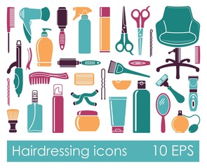 Set of flat icons Hairdressing Accessories. Vector illustration