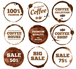 Fototapeta na wymiar Coffee labels. Watercolor dirty espresso cup ring stain logo. Vector isolated illustration