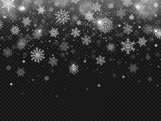 Foto op Aluminium Winter falling snow. Snowflakes fall, christmas decorations snowflake and snowed snowstorm isolated vector background © Tartila
