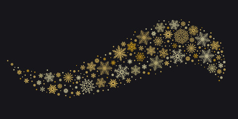 Golden snowflake wave. Gold snowflakes stream, winter snow gift card isolated vector background