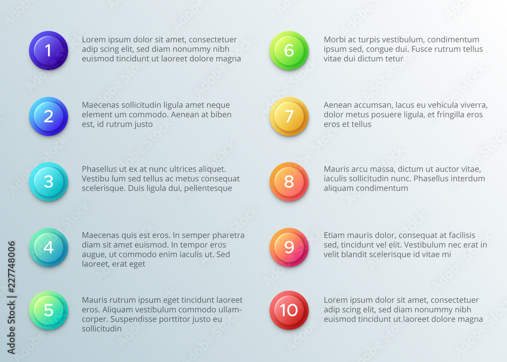 Poster text with number bullets. ten pointing paragraph layout with number buttons. vector infographics tem