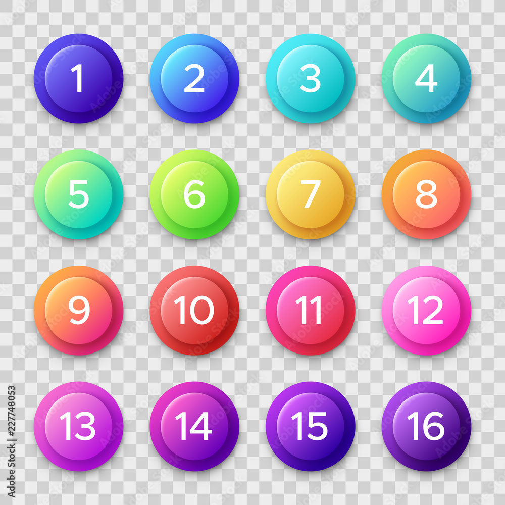 Poster number bullets. circle buttons with color gradients and numbers. isolated web button vector set