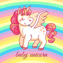 Cute baby unicorn. cartoon fairy magic pony on rainbow. Funny horse girlish t-shirt or sticker vector design