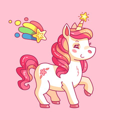 Cute fairy unicorn. Cartoon rainbow pony. Funny horse girlish pink vector background