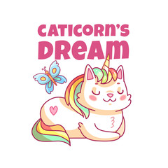 Cat unicorn poster. Cute cartoon caticorn, funny magic kitty pet. Kids girl clothes print vector