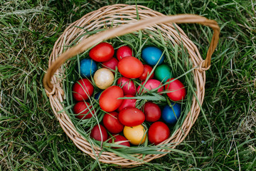 Easter eggs in a basket on grass