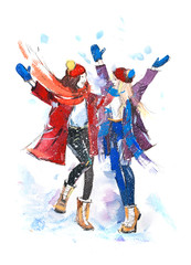 Girls playing with snow. Christmas celebration friendship winter Watercolor.
