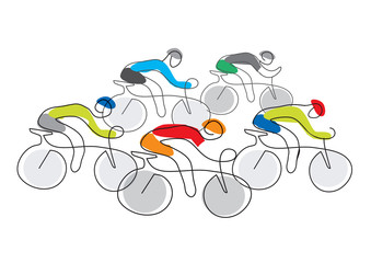Fototapeta premium Cycling race line art stylized. Line art illustration of cycling race with five bike riders.Vector available.
