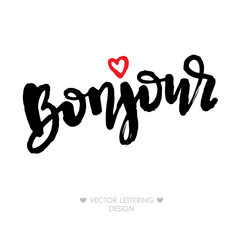 Bonjour lettering phrase with small red heart