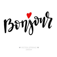 Bonjour lettering phrase with small red heart - 227749841