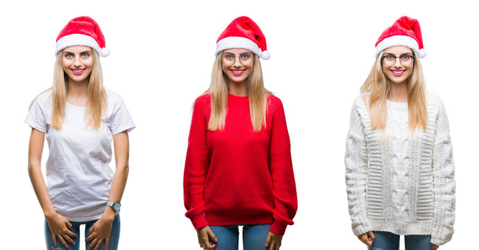 Collage of young beautiful blonde woman wearing christmas hat over isolated background with a happy and cool smile on face. Lucky person.