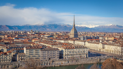 Panoramic view of Turin with Mole Antonelliana and snow capped Alps, Turin, Italy