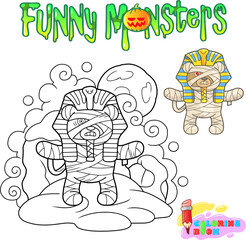 cartoon teddy bear mummy, funny illustration coloring book