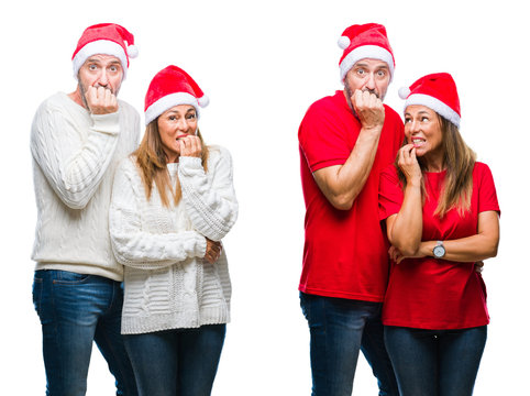 Collage of middle age mature beautiful couple wearing christmas hat over white isolated background looking stressed and nervous with hands on mouth biting nails. Anxiety problem.