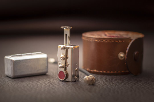Close up shot of a antique 1940 Vintage analog photography camera self-timer, retro concept.